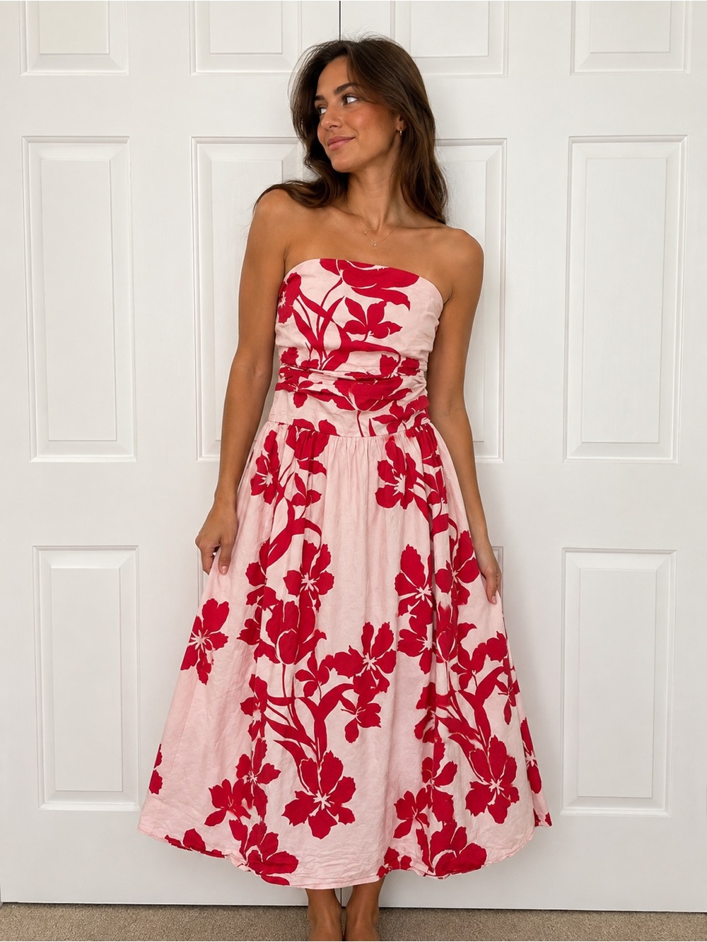 Band of the Free Strapless Floral Maxi Dress Pink Red Smocked Back Small